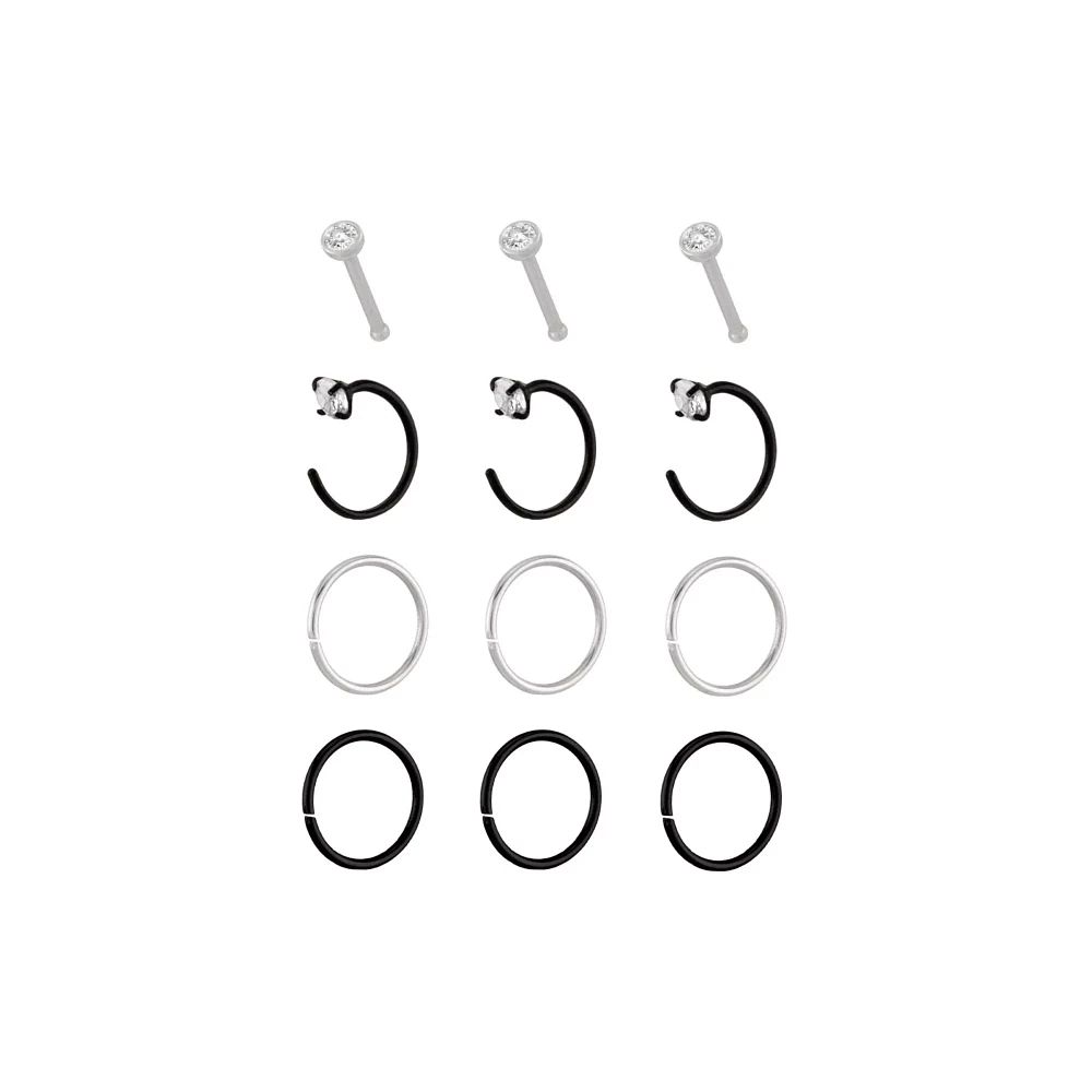 Multi-Pack Round CZ Black and Silvertone Nose Rings 12 Pack - 20 Gauge