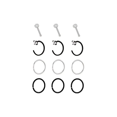 Multi-Pack Round CZ Black and Silvertone Nose Rings 12 Pack - 20 Gauge