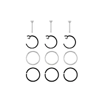 Multi-Pack Round CZ Black and Silvertone Nose Rings 12 Pack - 20 Gauge