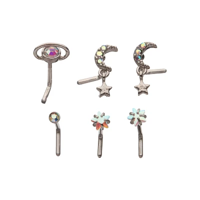 Moon and Star Dangle L-Bend Nose Rings 6 Pack - 20 Gauge