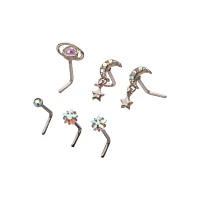 Moon and Star Dangle L-Bend Nose Rings 6 Pack - 20 Gauge