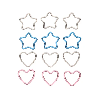 Multi-Pack Colored Heart and Star Seamless Hoop Nose Rings 12 Pack - 20 Gauge