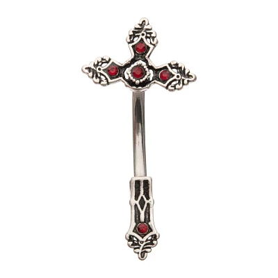 Red Crystal Cross Belly Ring - 14 Gauge