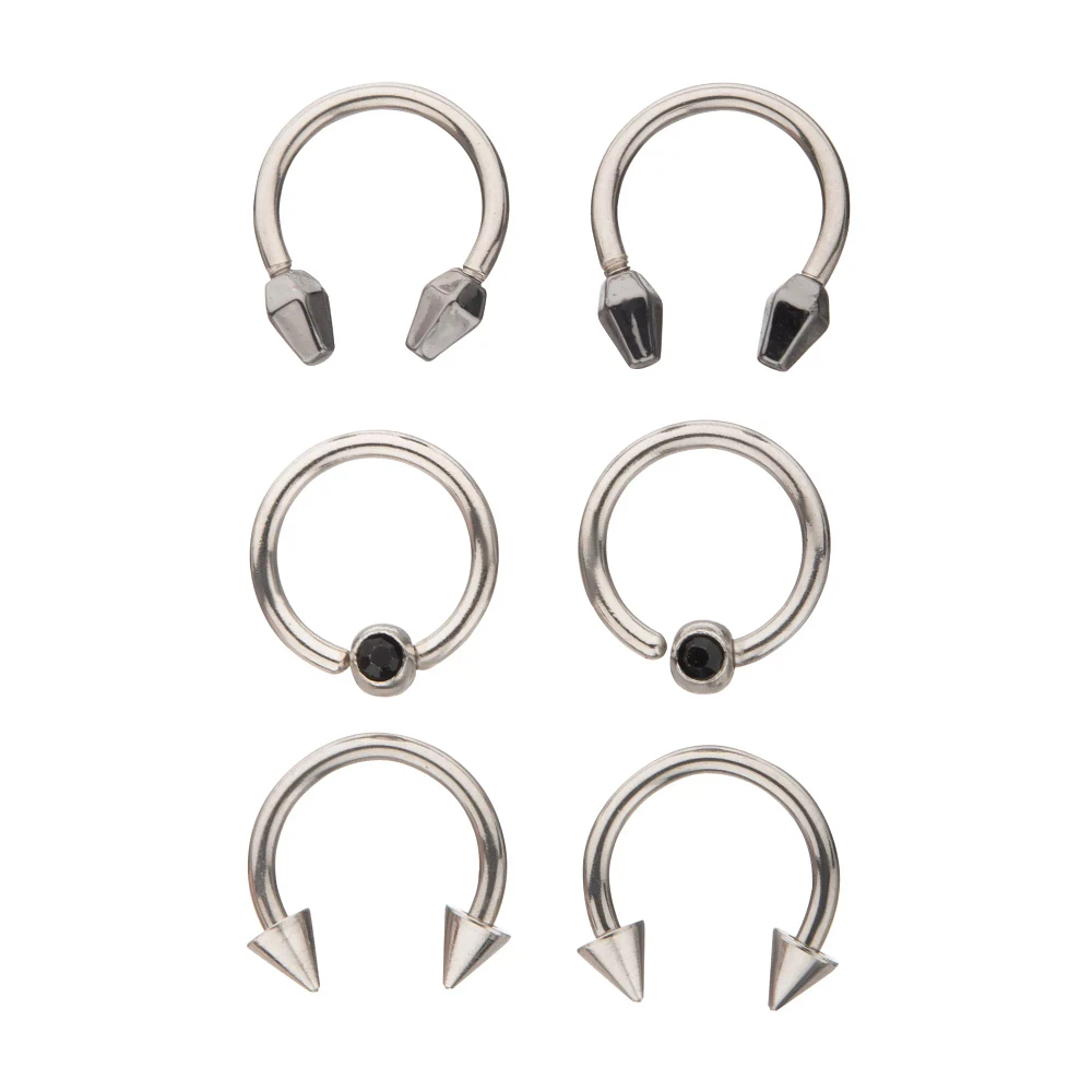 Multi-Pack CZ Silver and Black Horseshoe Rings and Captive Rings 6 Pack - 16 Gauge