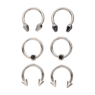 Multi-Pack CZ Silver and Black Horseshoe Rings and Captive Rings 6 Pack - 16 Gauge