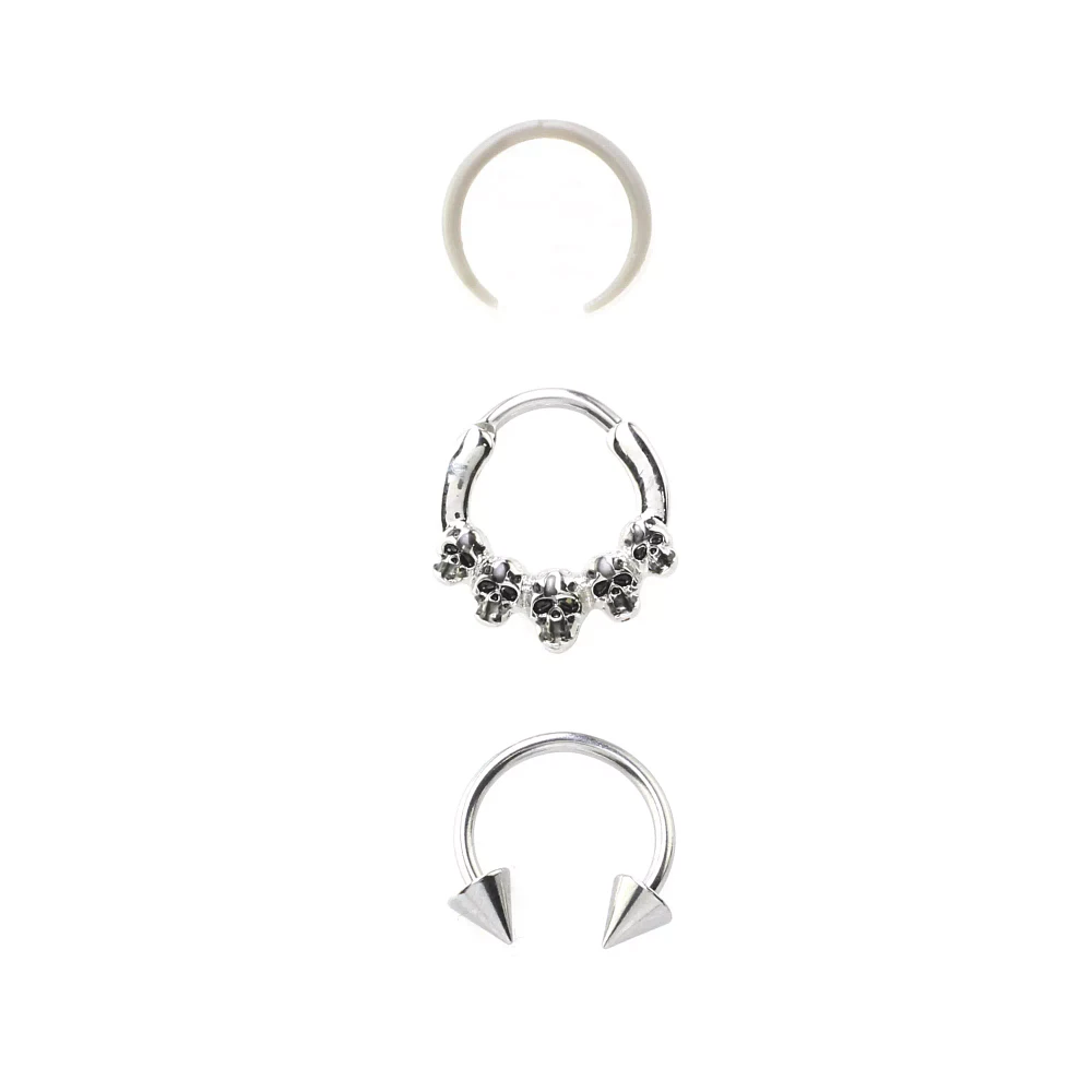 Multi-Pack Skull Hinge Nose Hoops 3 Pack - 16 Gauge
