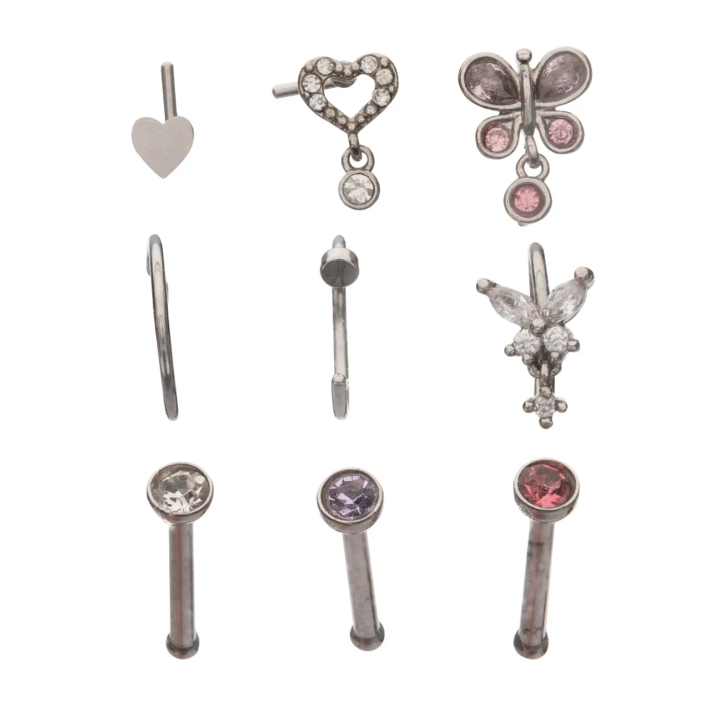 Multi-Pack Pink Butterfly Dangle Pin L-Bend and Hoop Nose Rings 9 Pack - 20 Gauge
