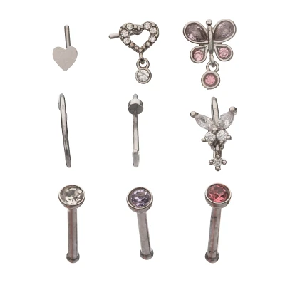Multi-Pack Pink Butterfly Dangle Pin L-Bend and Hoop Nose Rings 9 Pack - 20 Gauge