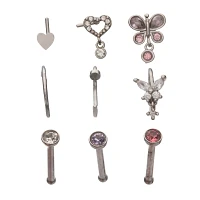 Multi-Pack Pink Butterfly Dangle Pin L-Bend and Hoop Nose Rings 9 Pack - 20 Gauge