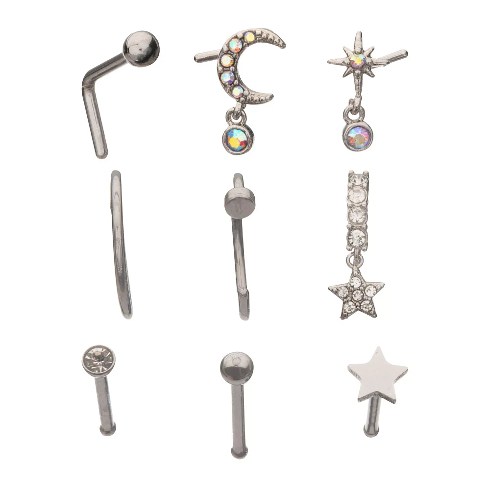 Multi-Pack CZ Star Dangle Pin L-Bend and Hoop Nose Ring 9 Pack - 20 Gauge