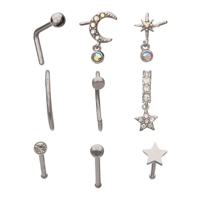 Multi-Pack CZ Star Dangle Pin L-Bend and Hoop Nose Ring 9 Pack - 20 Gauge