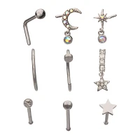 Multi-Pack CZ Star Dangle Pin L-Bend and Hoop Nose Ring 9 Pack - 20 Gauge
