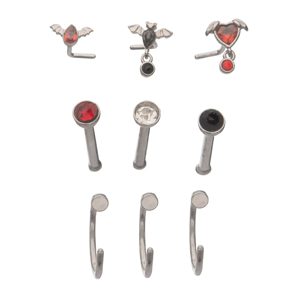 Multi-Pack Red and Black Bat Nose Pins and Hoops 9 Pack - 20 Gauge