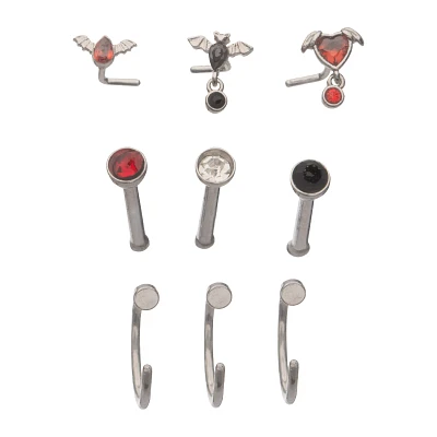 Multi-Pack Red and Black Bat Nose Pins and Hoops 9 Pack - 20 Gauge