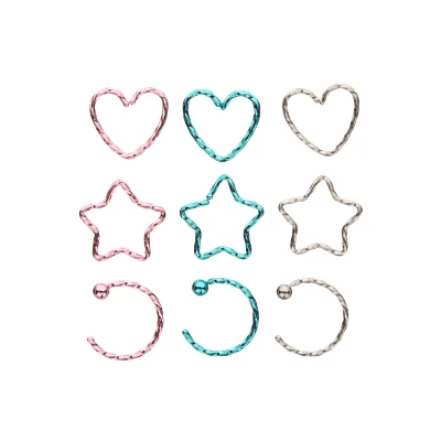 Multi-Pack Colored Heart and Star Hoop Nose Rings 9 Pack - 20 Gauge