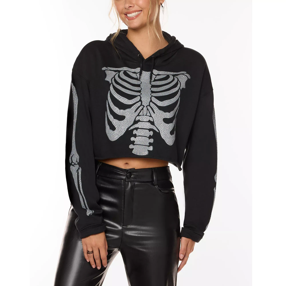 Rhinestone Skeleton Cropped Hoodie