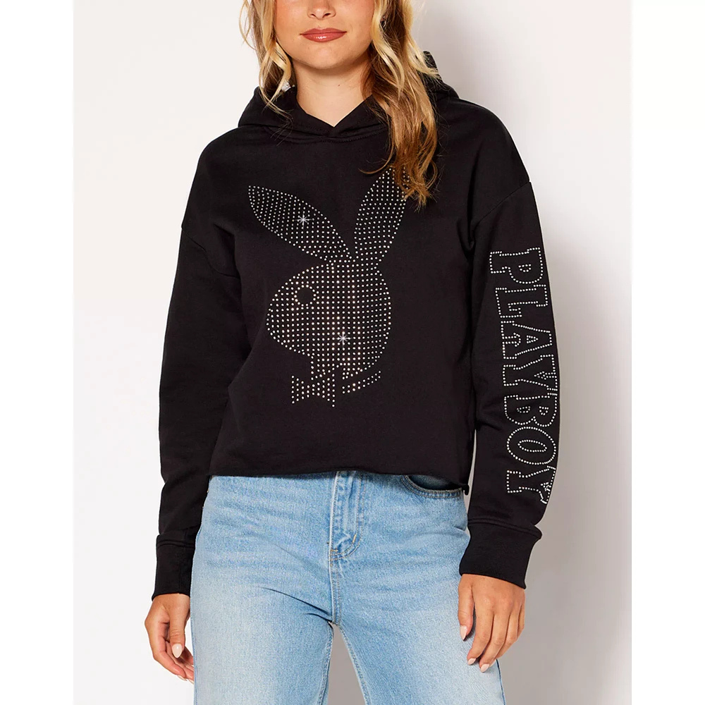 Black Playboy Rabbit Rhinestone Crop Top Hoodie