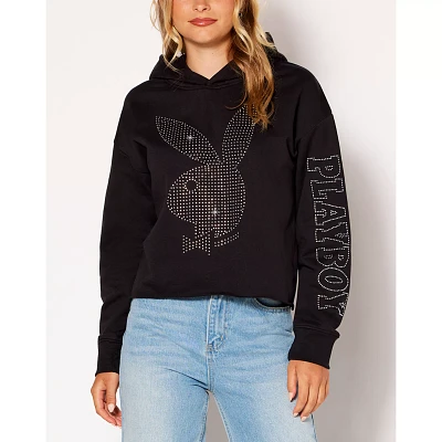 Black Playboy Rabbit Rhinestone Crop Top Hoodie