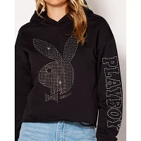 Black Playboy Rabbit Rhinestone Crop Top Hoodie