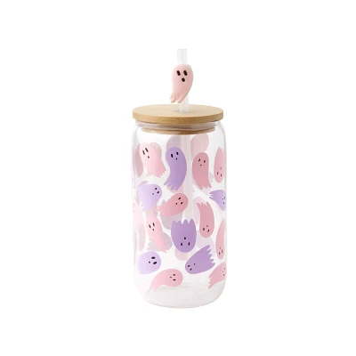 Pink and Purple Ghost Glass Cup with Straw and Topper - 16 oz.