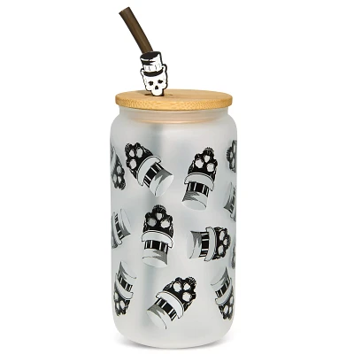 Skull Top Hat Glass Cup with Straw