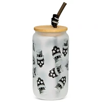 Skull Top Hat Glass Cup with Straw