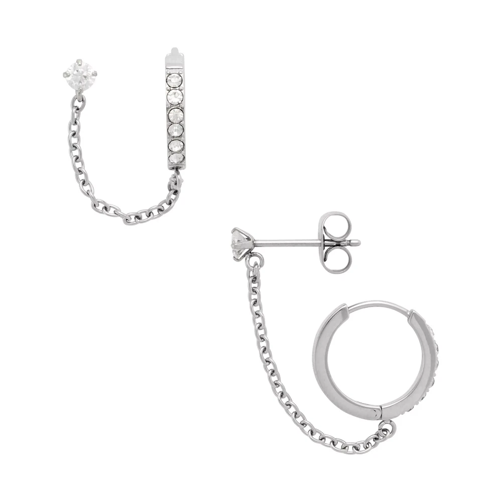CZ Silvertone Stud Chain Dangle Huggie Hoop Earrings