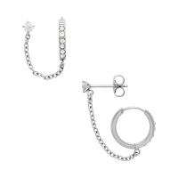 CZ Silvertone Stud Chain Dangle Huggie Hoop Earrings