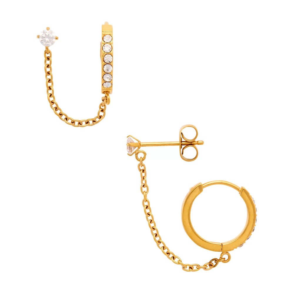CZ Goldtone Stud Chain Dangle Huggie Hoop Earrings