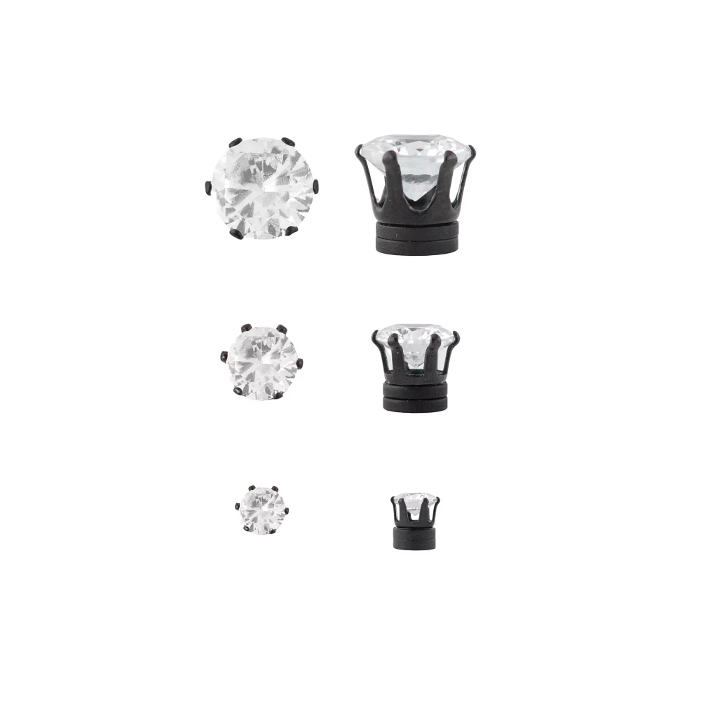 Multi-Pack CZ and Black Graduated Size Magnetic Earrings - 3 Pair
