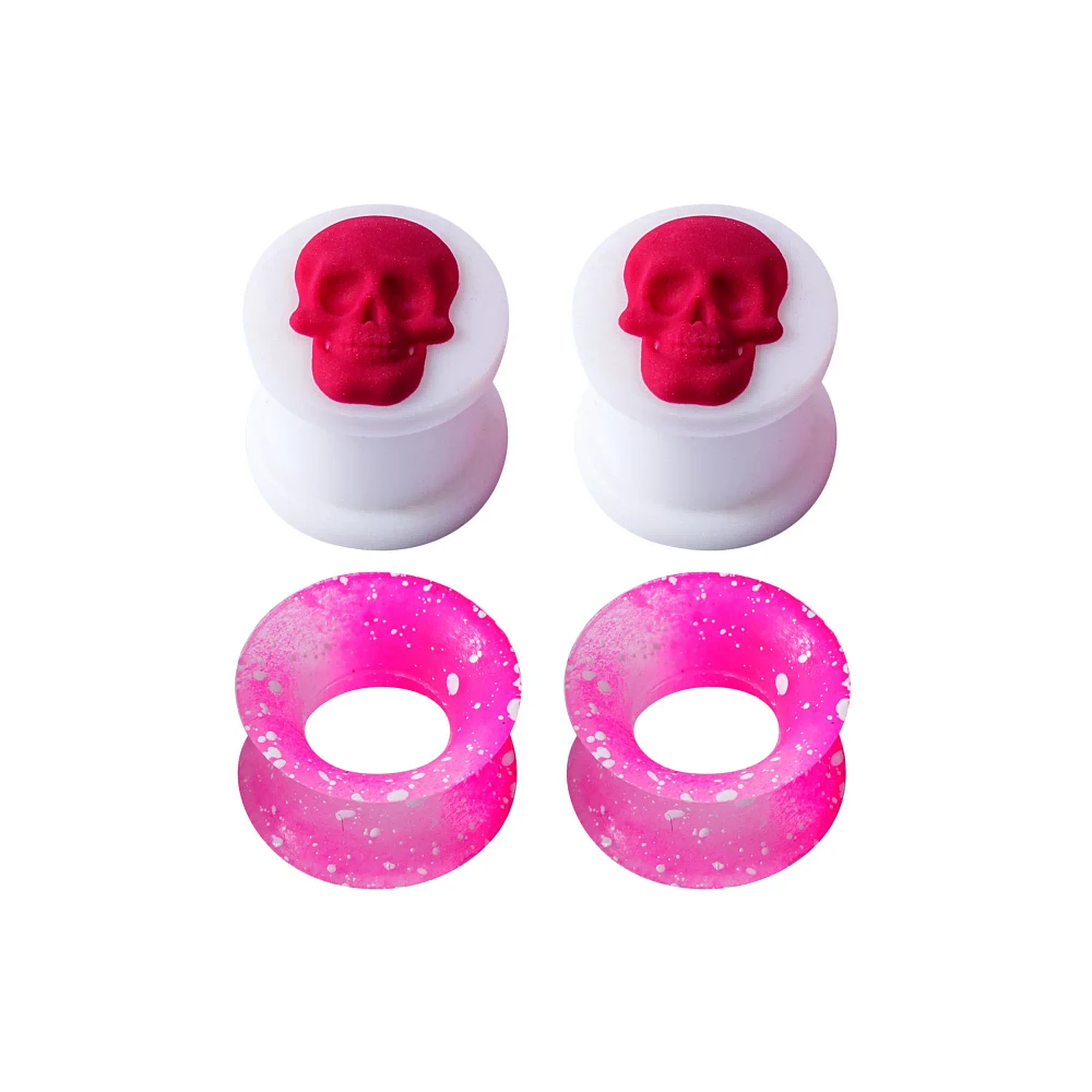 White and Pink Silicone Skull Tunnels - 2 Pairs