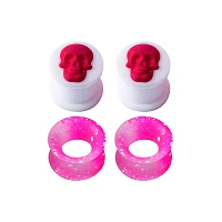 White and Pink Silicone Skull Tunnels - 2 Pairs