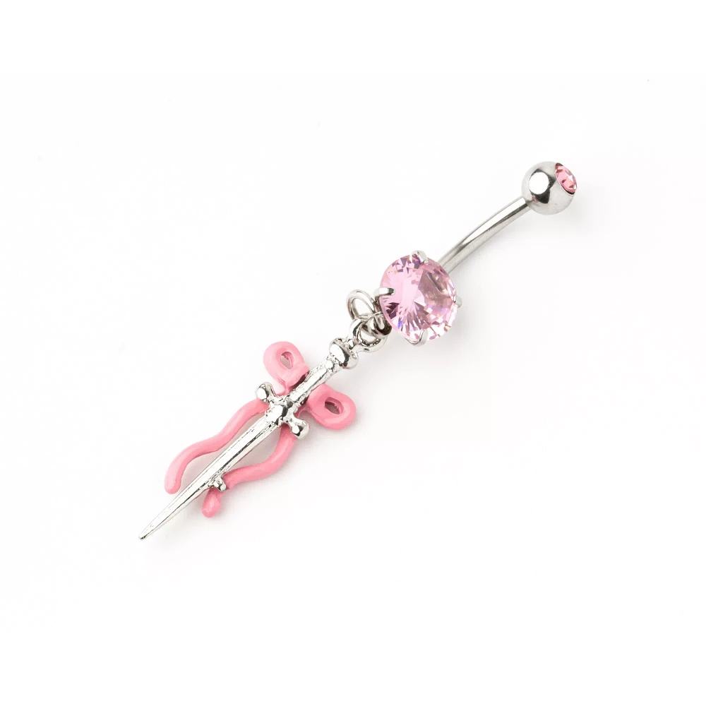 CZ Pink Bow and Sword Dangle Belly Ring - 14 Gauge