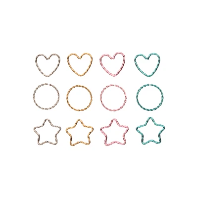 Multi-Pack Braided Heart Star and Circle Hoop Nose Rings 12 Pack - 20 Gauge