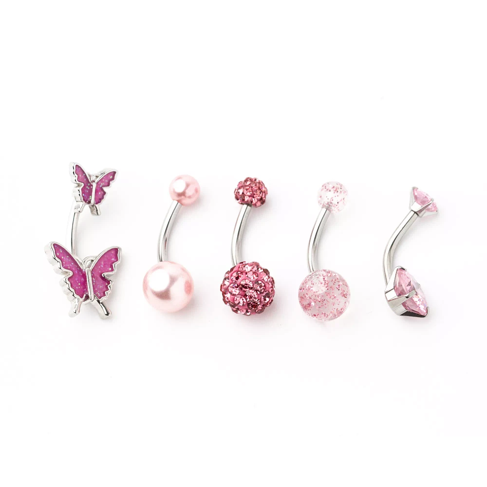 Multi-Pack CZ Pink Butterfly and Pave Belly Rings 5 Pack - 14 Gauge