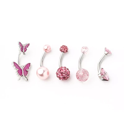 Multi-Pack CZ Pink Butterfly and Pave Belly Rings 5 Pack - 14 Gauge