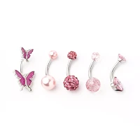 Multi-Pack CZ Pink Butterfly and Pave Belly Rings 5 Pack - 14 Gauge