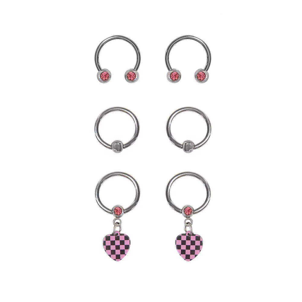 Multi-Pack Heart Dangle Hoops and Horseshoe Rings 6 Pack - 16 Gauge