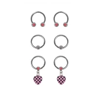 Multi-Pack Heart Dangle Hoops and Horseshoe Rings 6 Pack - 16 Gauge