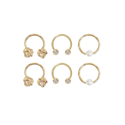 Multi-Pack CZ Rose Horseshoe and Captive Rings 6 Pack - 16 Gauge