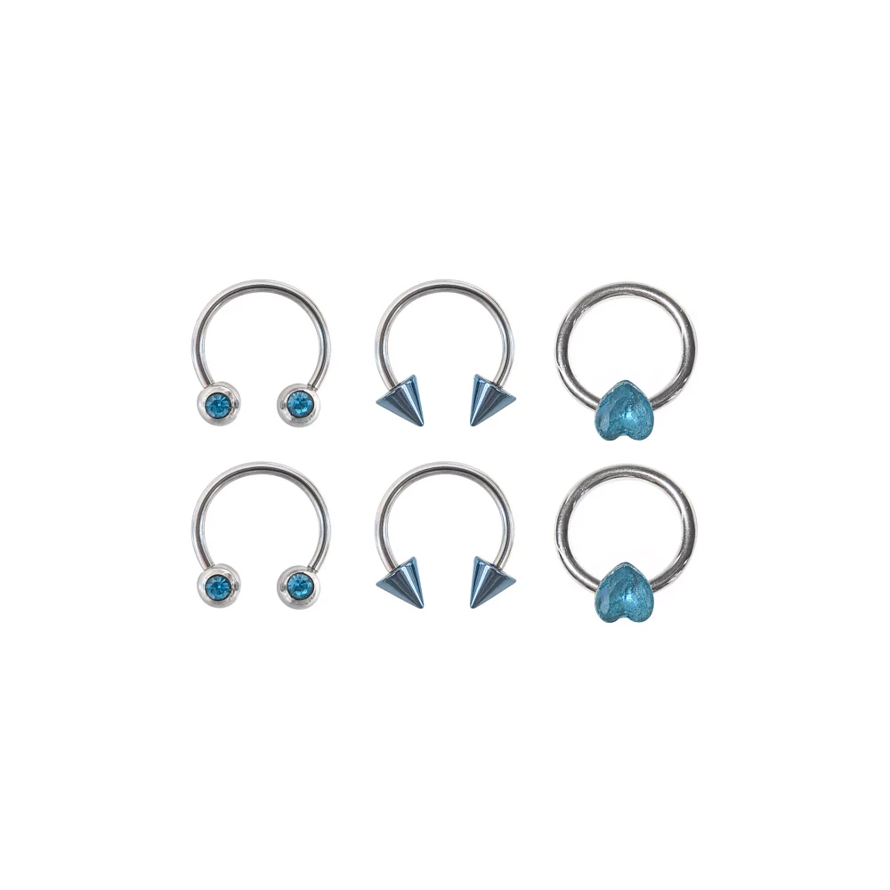 Multi-Pack Blue CZ Horseshoe Rings and Hoops 6 Pack - 16 Gauge