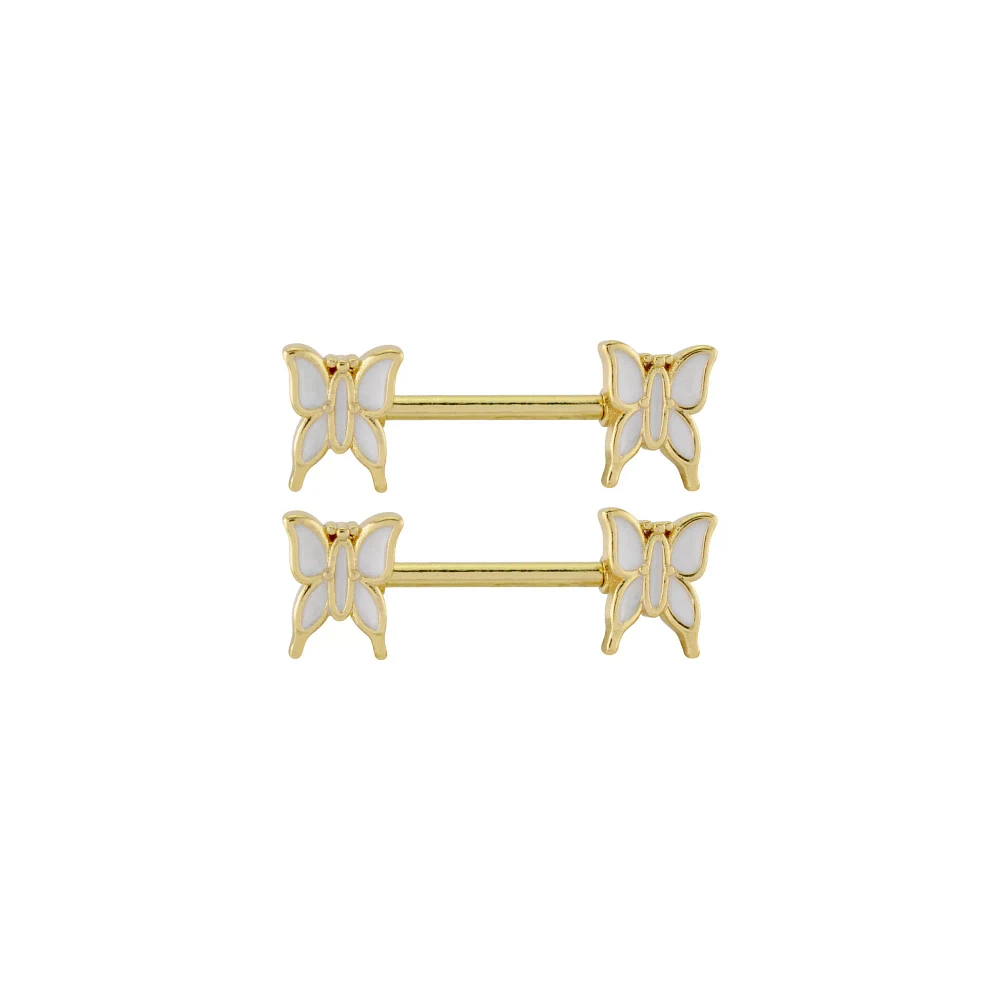 Pearl Effect Goldtone Nipple Barbells - 14 Gauge