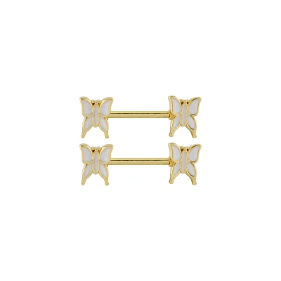 Pearl Effect Goldtone Nipple Barbells - 14 Gauge