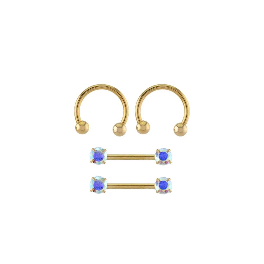 Multi-Pack Goldtone Aurora Borealis Effect Nipple Barbells and Horseshoe Rings 2 Pair - 14 Gauge