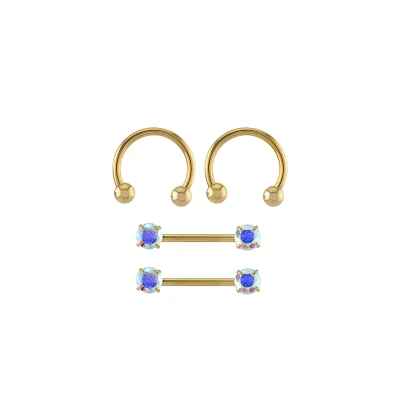 Multi-Pack Goldtone Aurora Borealis Effect Nipple Barbells and Horseshoe Rings 2 Pair - 14 Gauge