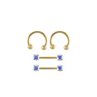 Multi-Pack Goldtone Aurora Borealis Effect Nipple Barbells and Horseshoe Rings 2 Pair - 14 Gauge