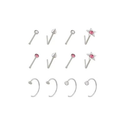 Multi-Pack Titanium Pink CZ Nose Pins and Hoops 12 Pack - 22 Gauge