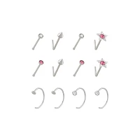 Multi-Pack Titanium Pink CZ Nose Pins and Hoops 12 Pack - 22 Gauge