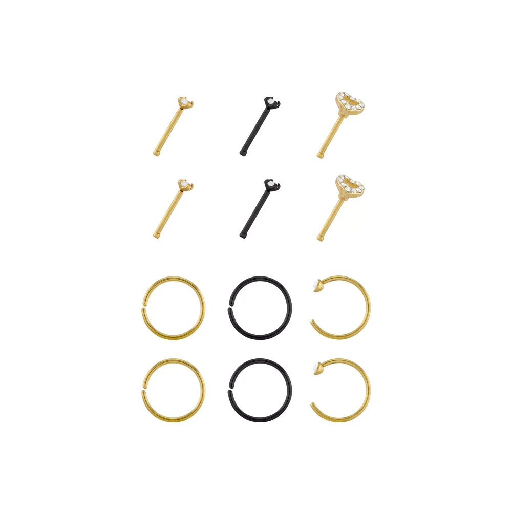 Multi-Pack Goldtone and Black Heart Nose Pins and Hoops 12 Pack - 20 Gauge