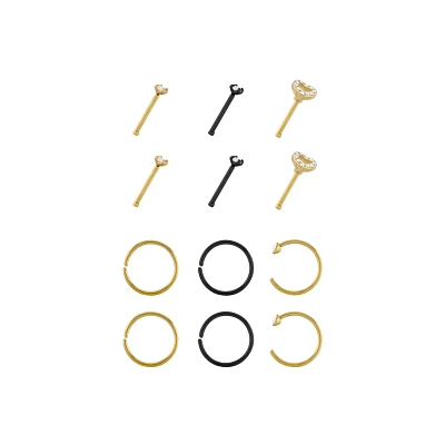 Multi-Pack Goldtone and Black Heart Nose Pins and Hoops 12 Pack - 20 Gauge